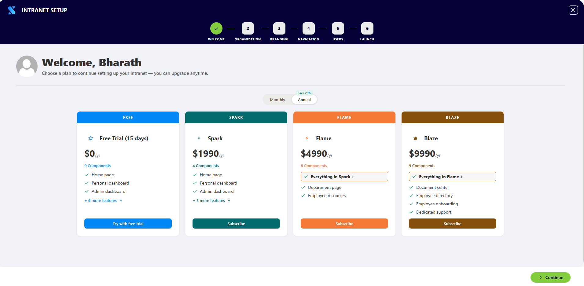 Welcome &amp; Plan Selection Screen